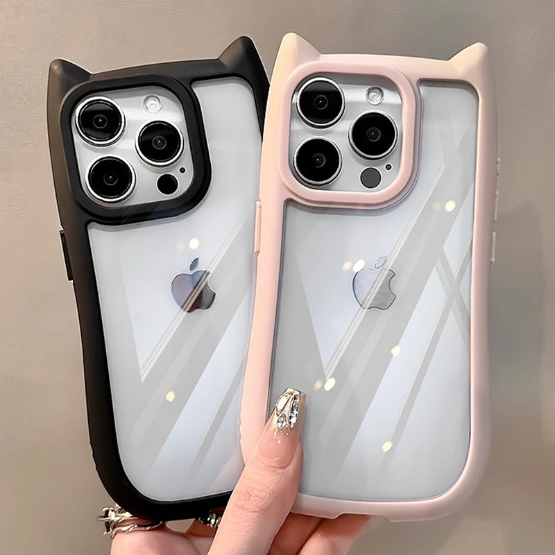 Weiche Silikon-Handyhülle mit niedlichen Katzenohren für iPhone 15, 14, 13, 12, 11, Profi Max, transparent, stoßfest, harte Acryl-Stoßstangen-Rückseite