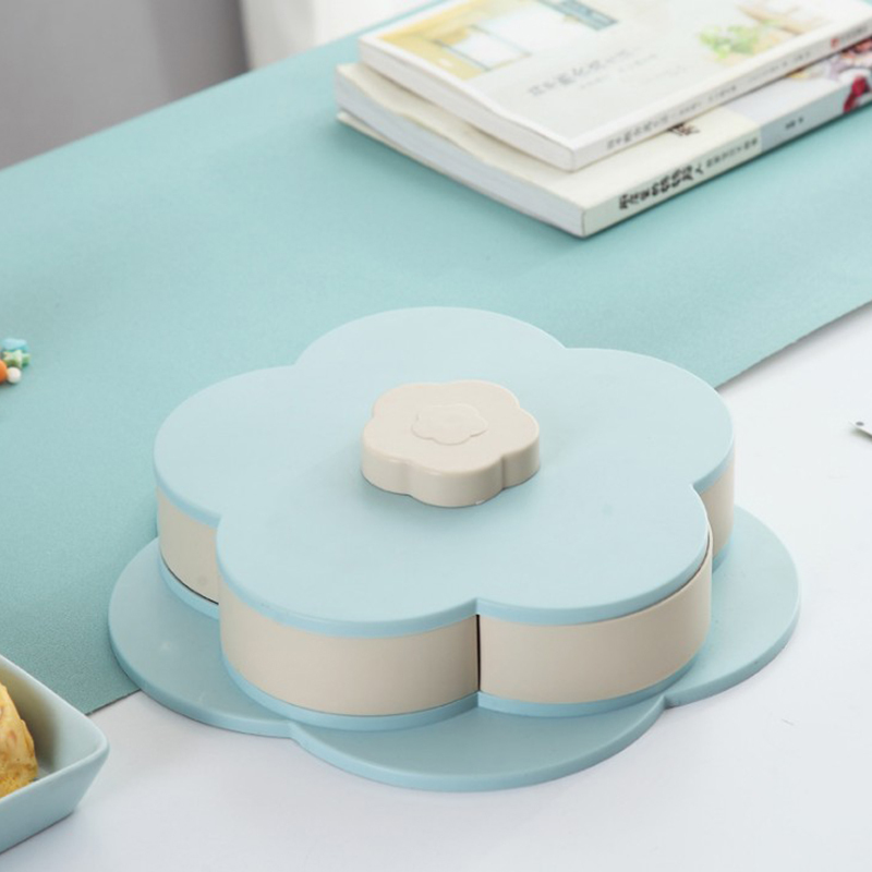 Petal-Shape Rotating Snack Box Candy Drawer Food Storage Box Wedding Candy Plates Double-deck Dried Fruit Folding Snack Bowl: small blue