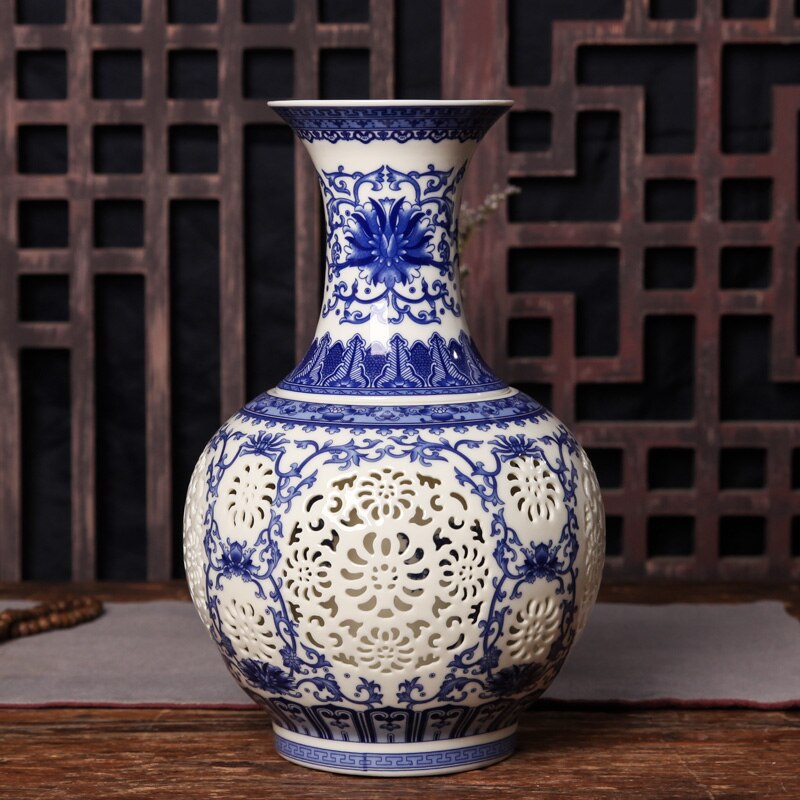 hul keramisk vase kinesisk blå og hvid gennemboret vase stue dekoration porcelæn – Grandado