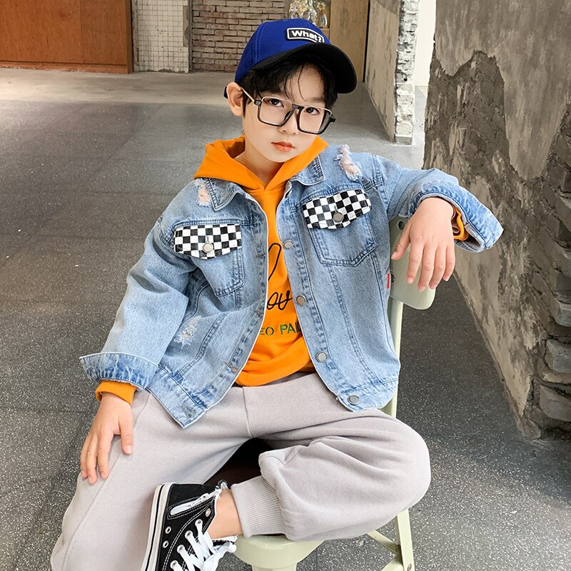 4-14 jahre Teenager freundlicher Jungen Jeans Mantel gerissen See Patchwork Denim Jacken Jungen Alle-spiel lässig Spitzen Frühling Herbst Kleidung