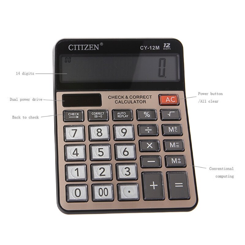12-Digits Large Display Electronic Calculator Solar Battery Two-Way Power CY-12M