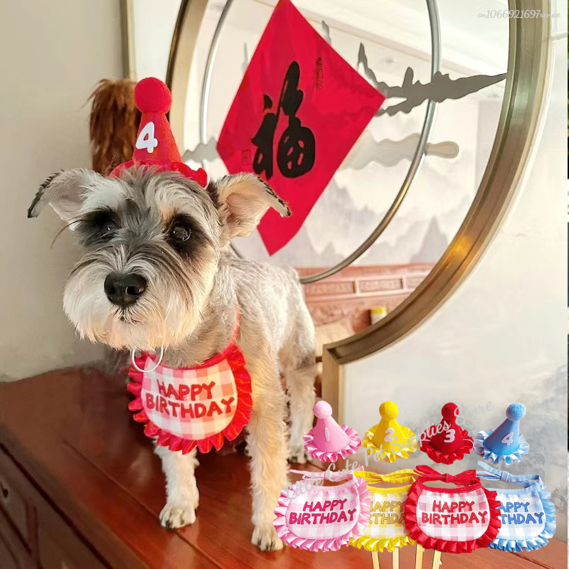Gato aniversário cachecol chapéu conjunto cão festa de aniversário suprimentos cachecol para animais de estimação bonito filhote de cachorro chapéu de aniversário cachecol decoração para animais de estimação pequenos e médios