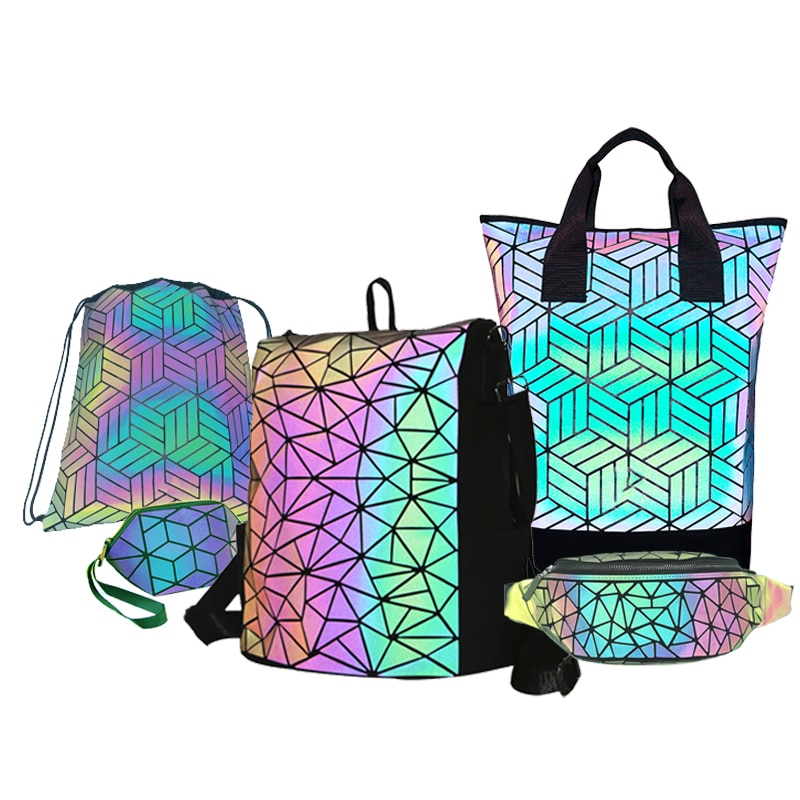 Conjunto de mochila Casual con geométrico de fluoresencia, bolso y monedero para mujer, riñonera holográfica