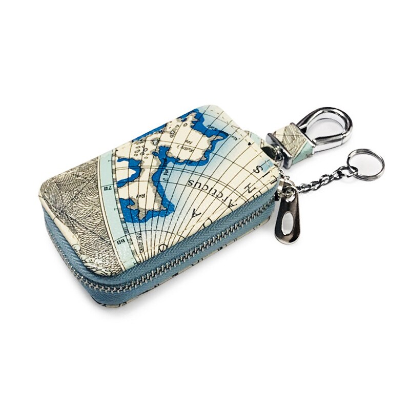 Map Pattern Mini Key Wallets Unisex Car Key Bag PU Leather Key Holder Key Case for Car Housekeeper Zipper Keychain Cover: Blue