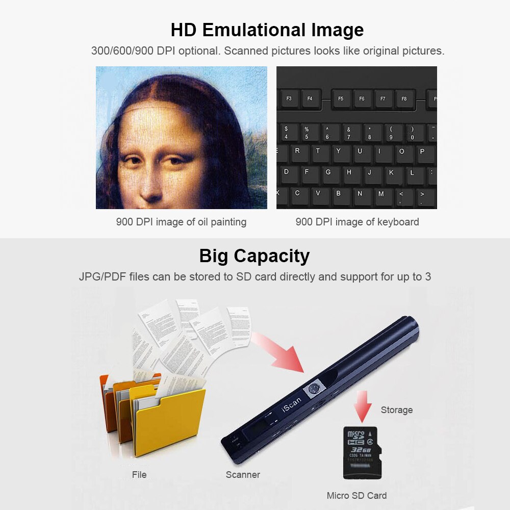 iScan Portable Scanner Mini Handheld Document Scanner A4 Book Scanner JPG and PDF Format 300/600/900 DPI