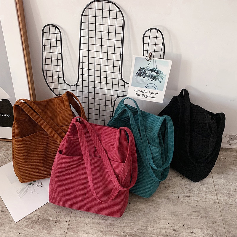 Kvinder corduroy canvas tote damer afslappet skuldertaske shopping håndtasker til kvindelig messenger koreansk shopper tote