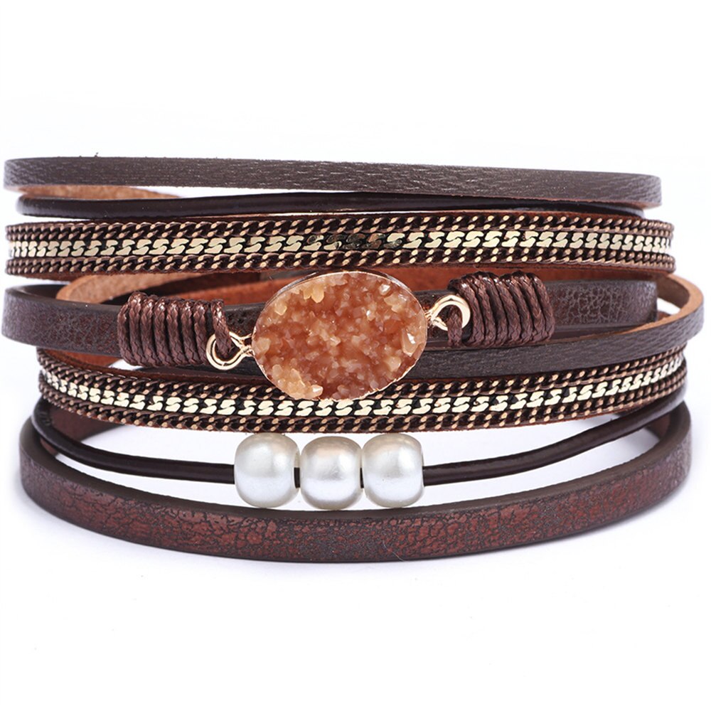 Pink Girl Multilayer Resin Beads Chain Link Brown Cuff Bangle Pearl Natural stone Leather Bracelets Women Female Jewelry