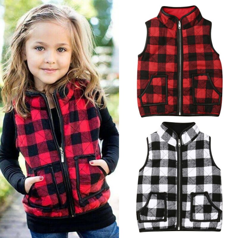 Moda Bambino Del Bambino Dei Bambini Del Bambino Vestiti Della Ragazza Senza Maniche Plaid della Chiusura Lampo del Rivestimento del Cappotto del Panciotto Autunno Inverno Outwear Magliette e camicette Outfits 1-6T
