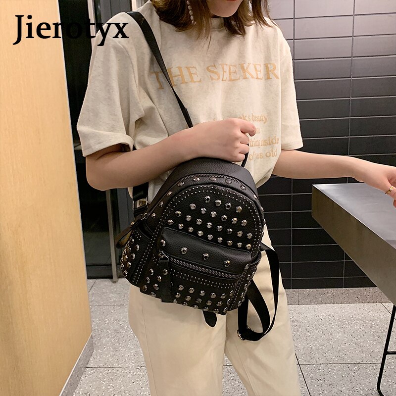 JIEROTYX Neue Preppy Freizeit Rucksack Frauen lässig Daypacks Frauen Soild Reißverschluss Niet Schulter Taschen Soild