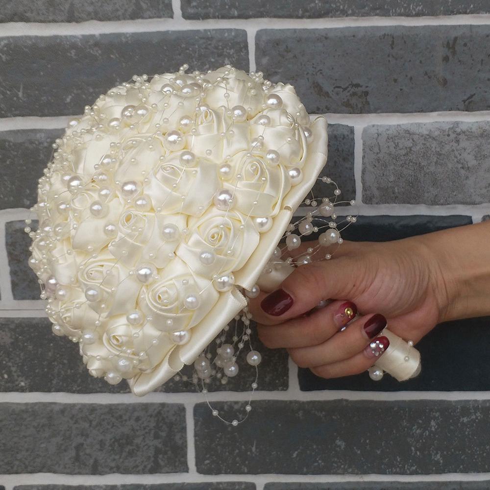 Pearls Beaded Bridal Bouquet Bridesmaid Wedding Flowers With Ribbon Ivory Rose Stunning