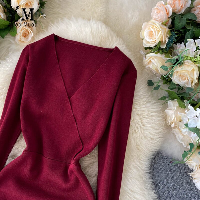 Yuoomuoo Gebreide Jurk Vrouwen Herfst Winter Eenvoudige V-hals Split Bodycon Jurk Elegante Knielange Werk Jurk Dames Jurk Vestido