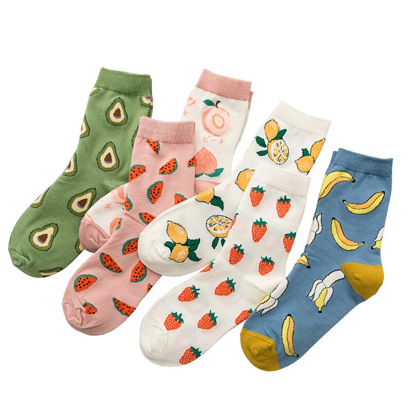 Sommar tecknad frukt bomull vattenmelon citron jordgubb banan avokado kvinnor koreansk version av strumpor street strumpor