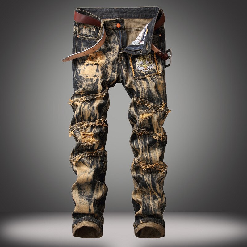 Mænd vintage ripped jeans overskægseffekt joggers retro jeans gule distressed denim bukser tiger broderet plus størrelse 29-42