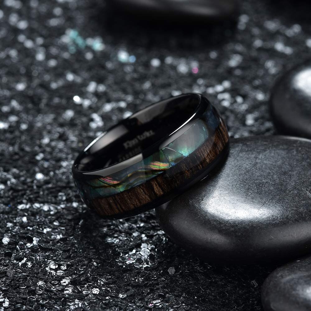 8mm Men's Black Tungsten Carbide Ring Wood Shell Inlay Engagement Ring For Men Wedding Band Jewelry