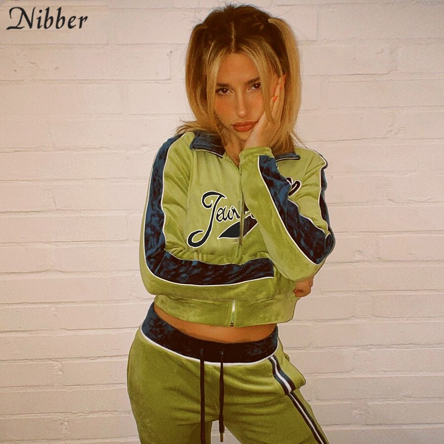 Nibber-chándal de terciopelo con cremallera para mujer, chaqueta + Pantalones, 2 conjuntos de dos piezas, para Fitness, ropa informal de calle