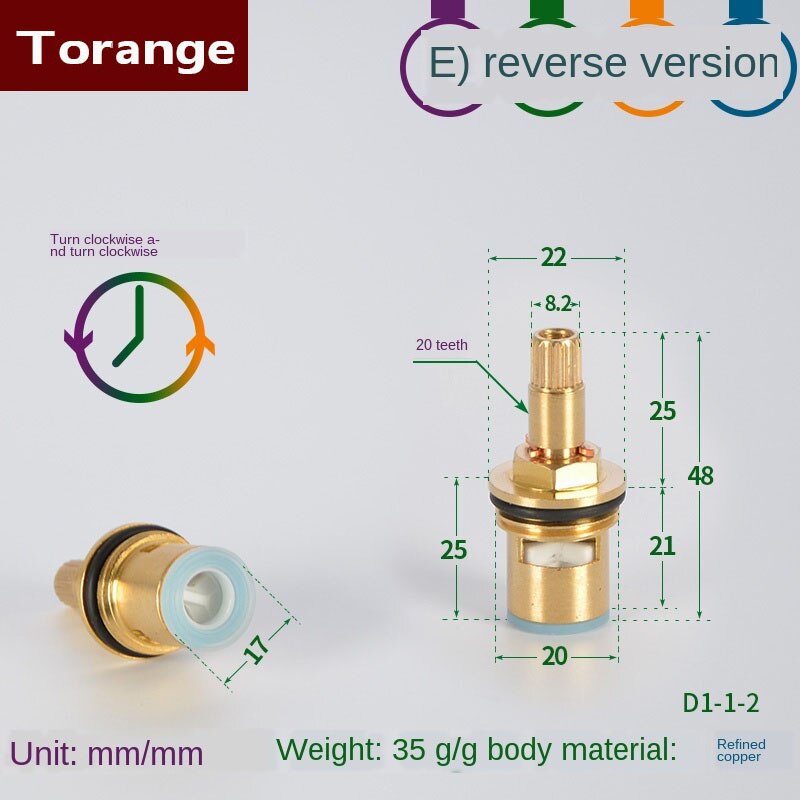 Faucet copper valve core and cold water fast opening triangle valve switch ceramic valve core copper head repair parts: Section E reverse