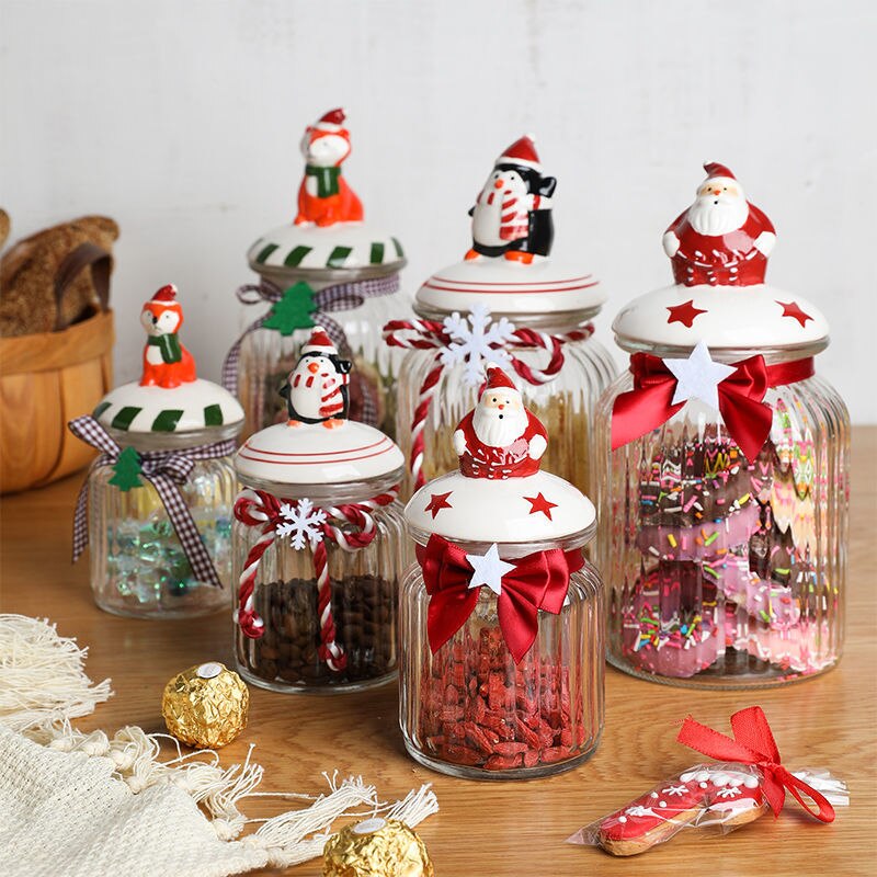 Christmas Glass Storage Jars with Cute Ceramic Lid Airtight Candy Nuts Storage Container Sealed Canisters Pantry Food Organizer