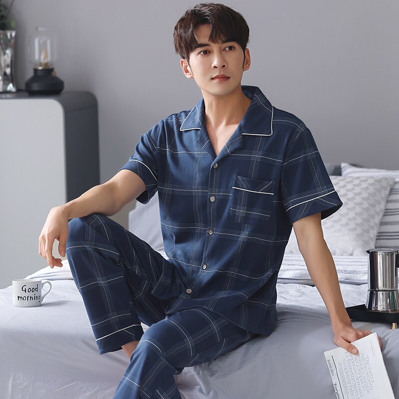 Summer Male 100% Cotton Pajama Sets 4XL Plus Size Sleepwear Plaid Pijama Men Set Comfort Pajamas Loungewear