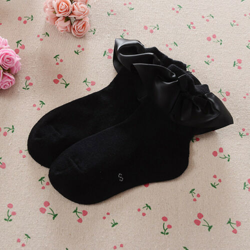 Baby Meisjes Kids Katoen Kant Ruche Strik Sokken Ademend Tutu Stroken Enkel Herfst Anti Slip Solid Novelty Accessoires 2-8Y: Black / 6T to 8T