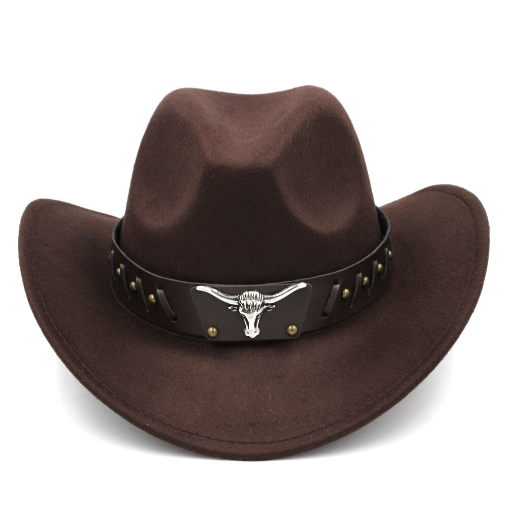Mistdawn Womem Men Wool Blend Western Cowboy Hat Wide Brim Cowgirl Jazz Sombrero Cap Tauren Leather Band: Dark Brown