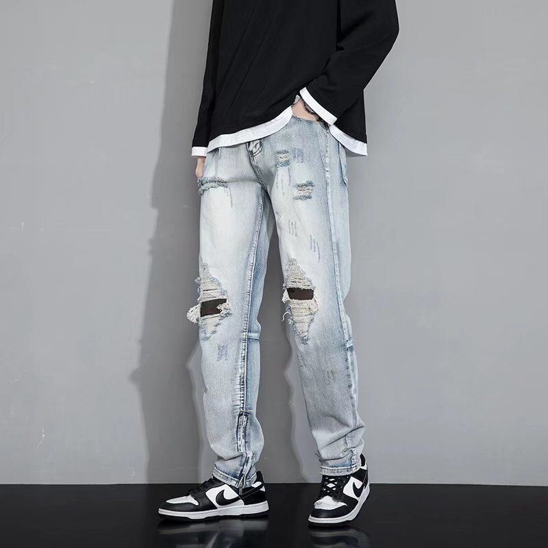 Pantalones vaqueros holgados rasgados para hombre, Jeans rectos informales a la , ropa de calle, pantalones vaqueros holgados de Hip Hop con agujeros