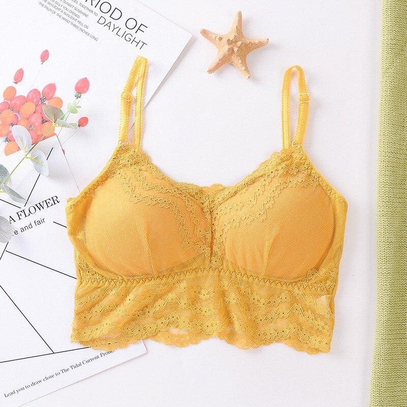 Lace Bra Sexy Bra Beauty Back Bra Detachable Chest Pad Without Steel Ring Sling Wrap Chest Stretch Sport Bra: Yellow