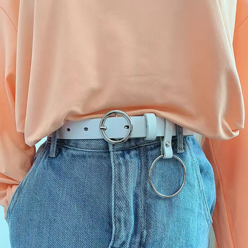 Mujer doble hebilla de plata Jeans cinturones de para la mujer los estudiantes pretina Simple círculo cinturón con hebilla para Jeans vestido: Blanco