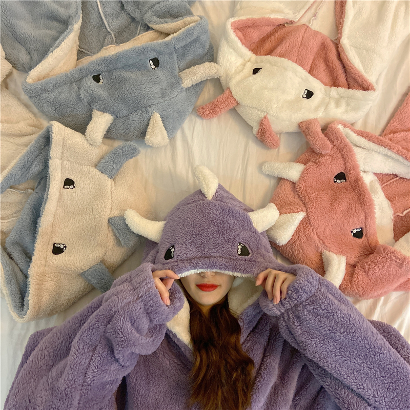 Pijamas con orejas de dibujos animados para mujer, ropa de dormir con capucha de lana de Coral, bonita y cálida para el hogar, Otoño e Invierno