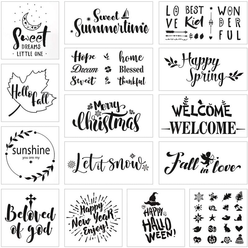 15 Pcs Stencils for Outdoor Painting, Stencils for Painting on Wood Stenclis for Planner Graffiti Card DIY Drawing: Default Title