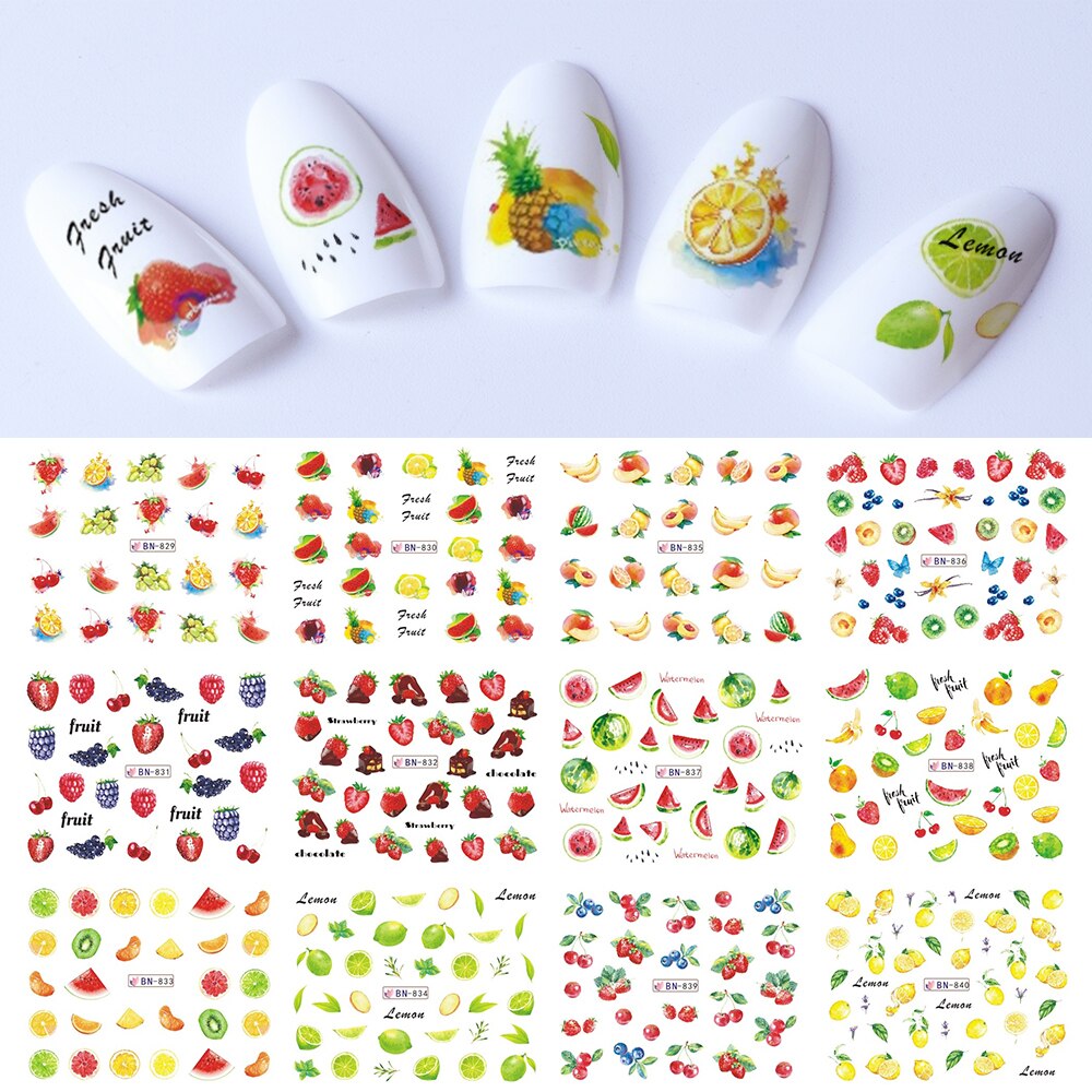 Gemengde 12 Fruit Nail Sticker Set Citroen Water Decals Transfer Kleurrijke Slider Tips Nail Art Watermeloen Decor SABN829-840