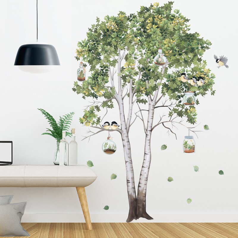 Autocollant mural grand arbre bouleau, feuilles vertes, plante, Stickers muraux, salon chambre à coucher, oiseaux, décor de maison, papier peint de décoration de salle en PVC: Default Title