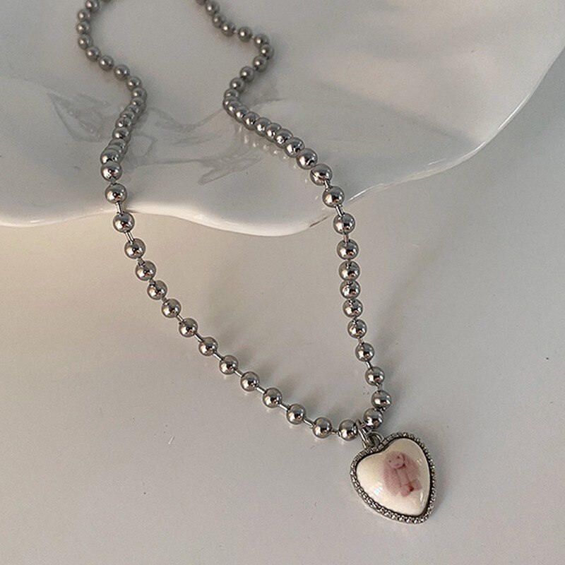 Grün Zebra Streifen Glas Herz Anhänger Titan Stahl Kette Halsketten für Frauen Schlüsselbein Halskette Kristall Emaille Liebe Schmuck: B-Hase