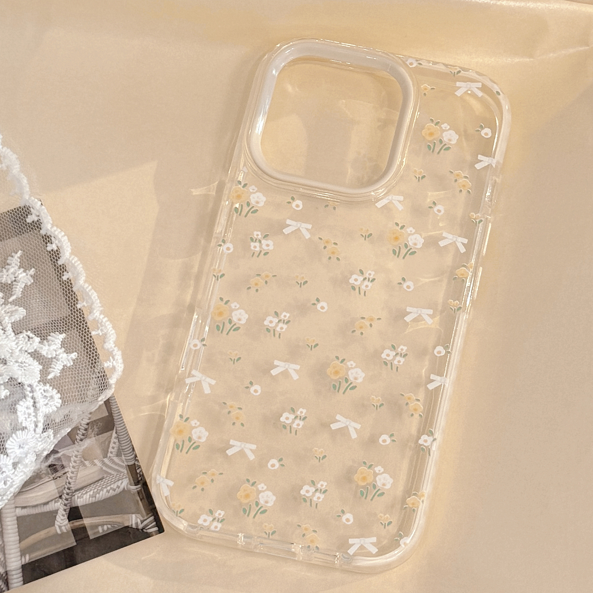 Fresh art gul-hvitt blomstersløyfe-deksel 12 gjennomsiktig støtsikker beskyttelse til iphone 16 15 14 13 pro max