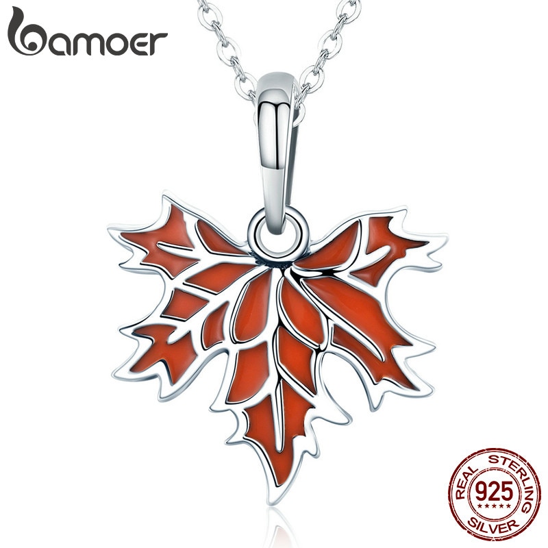 BAMOER 100% 925 Sterling Silver Autumn Maple Tree Leaves Pendant Necklace for Women Luxury Sterling Silver Jewelry CC585