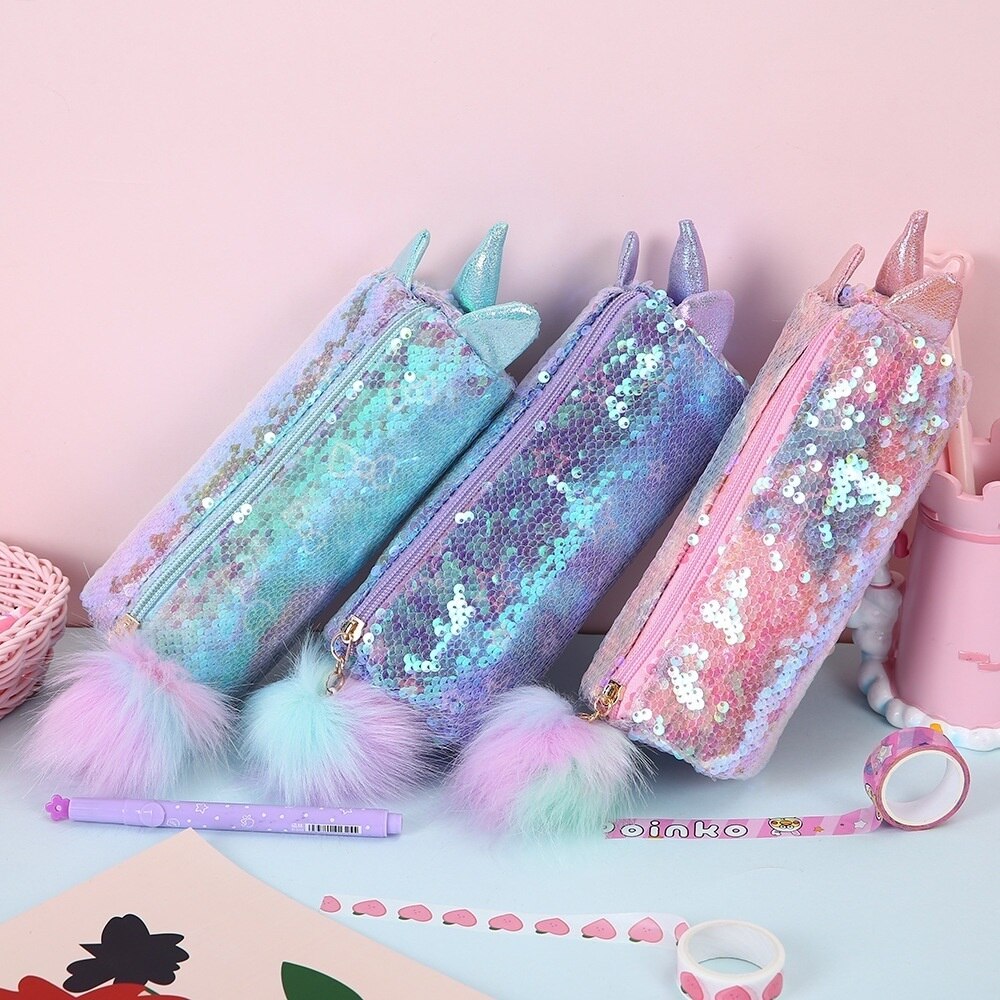 Reversible Sequin Cute Unicorn Pencil Case for Girls; Bling Bling Glitter Pink Stationery Bag ; Pensel Beg Alat Tulis