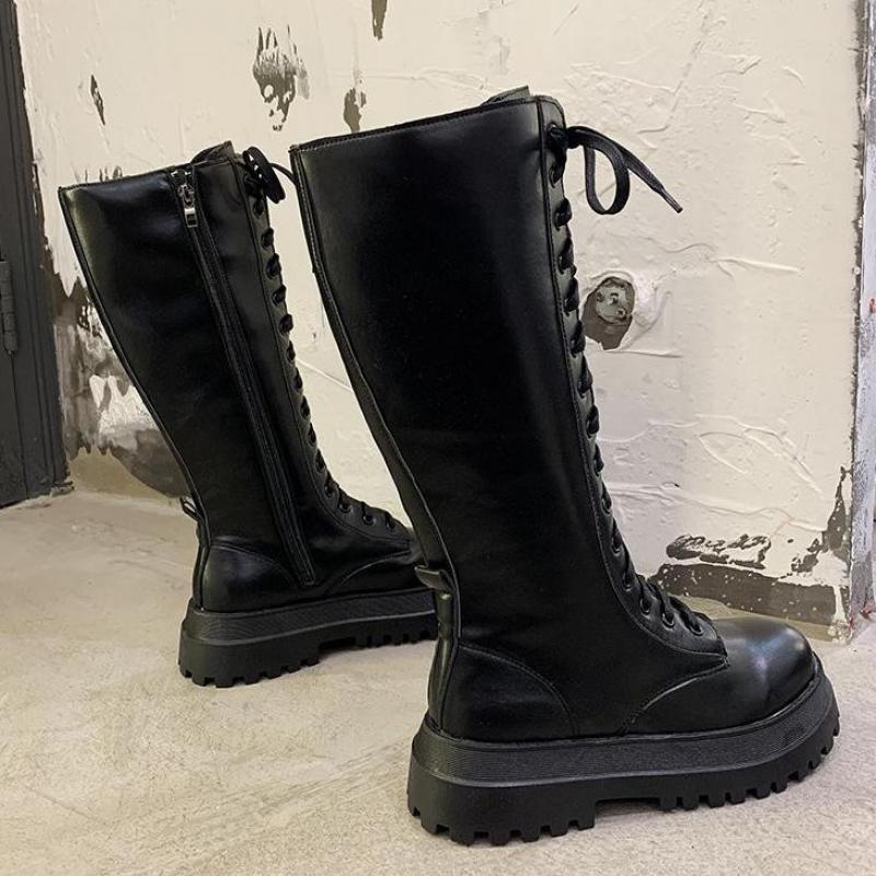 Plate-forme trapue en cuir Pu genou bottes hautes femmes Punk augmentant longue femme à lacets chaussons Mujer fermeture éclair Chelsea