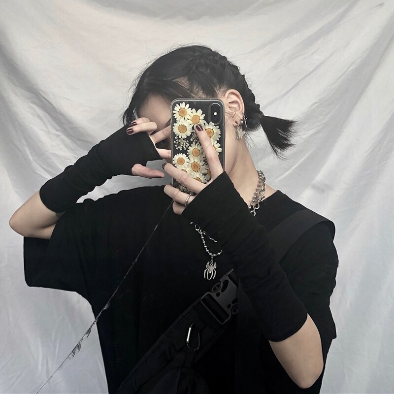 Solid Black Punk Gothic Unisex Fingerless Gloves Cuff Women Men manga Length Mittens Cool Stretch Arm Warmer Hip Hop Rock sleeve