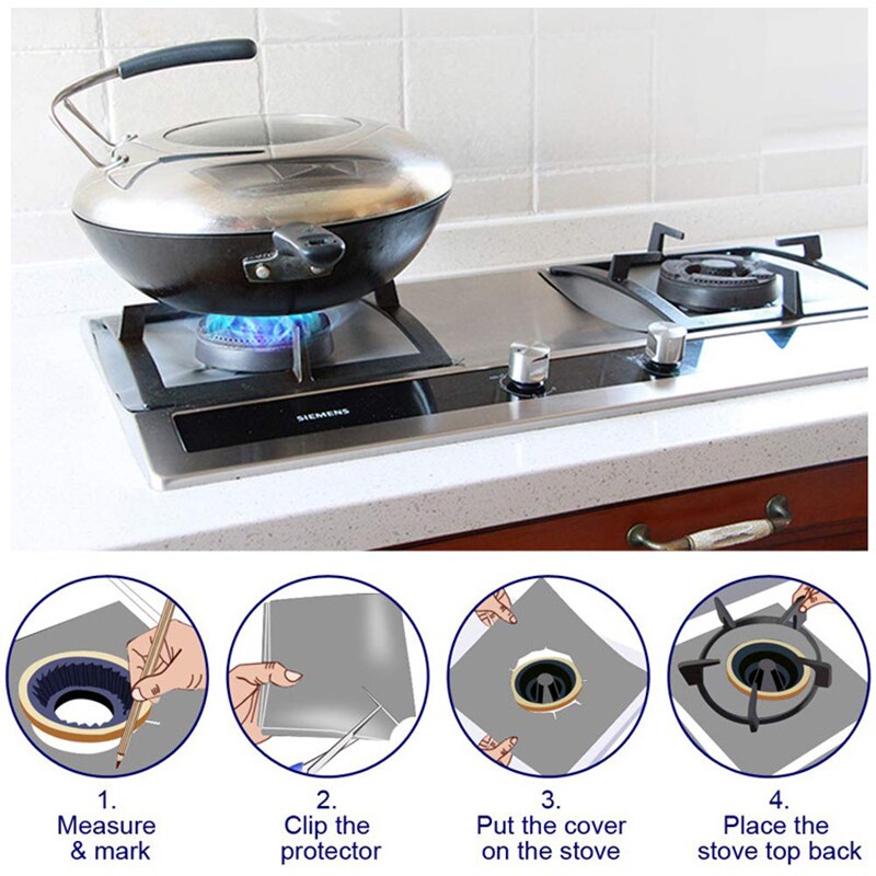 4Pcs Gasfornuis Protectors Herbruikbare Kookplaat Brander Covers Ove Mat Reinigingskussentje Bescherming Pad Voor Gasfornuis Keuken Accessoires