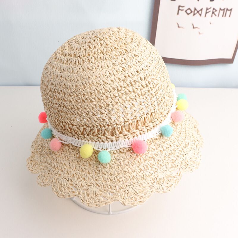 Summer Children Handmade straw hat Wide Brim Cute little Balls Sun Hat 2-6 old years Children's Travel Beach Hat: green