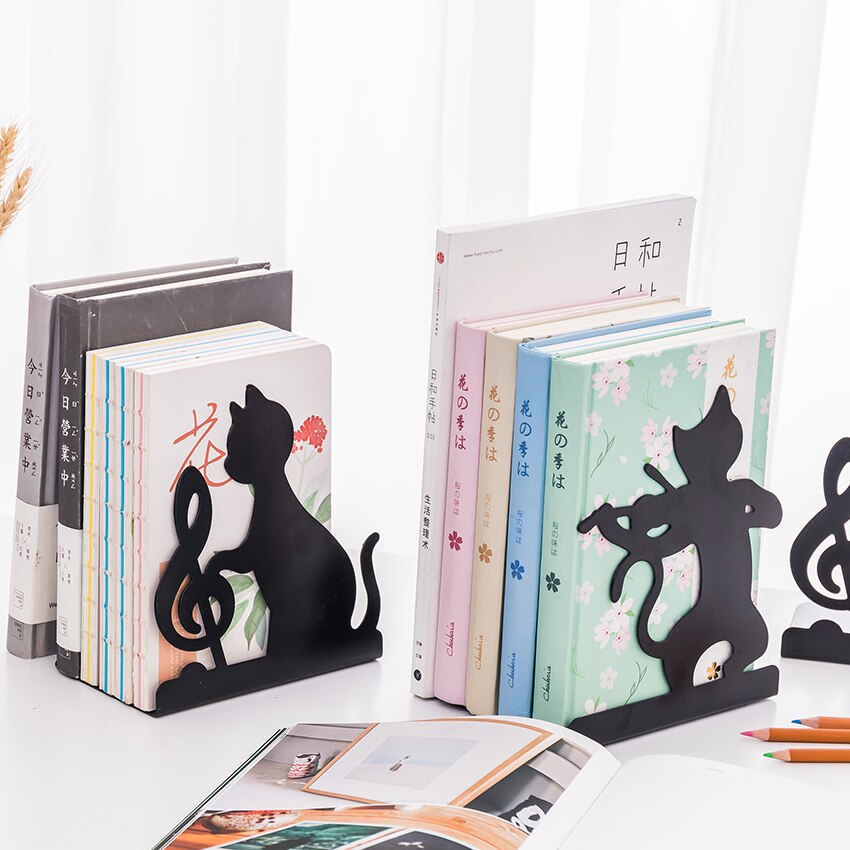 Sujetalibros de Metal con forma de gato, soporte decorativo para libros, color negro, y la Oficina para el hogar, 1 par