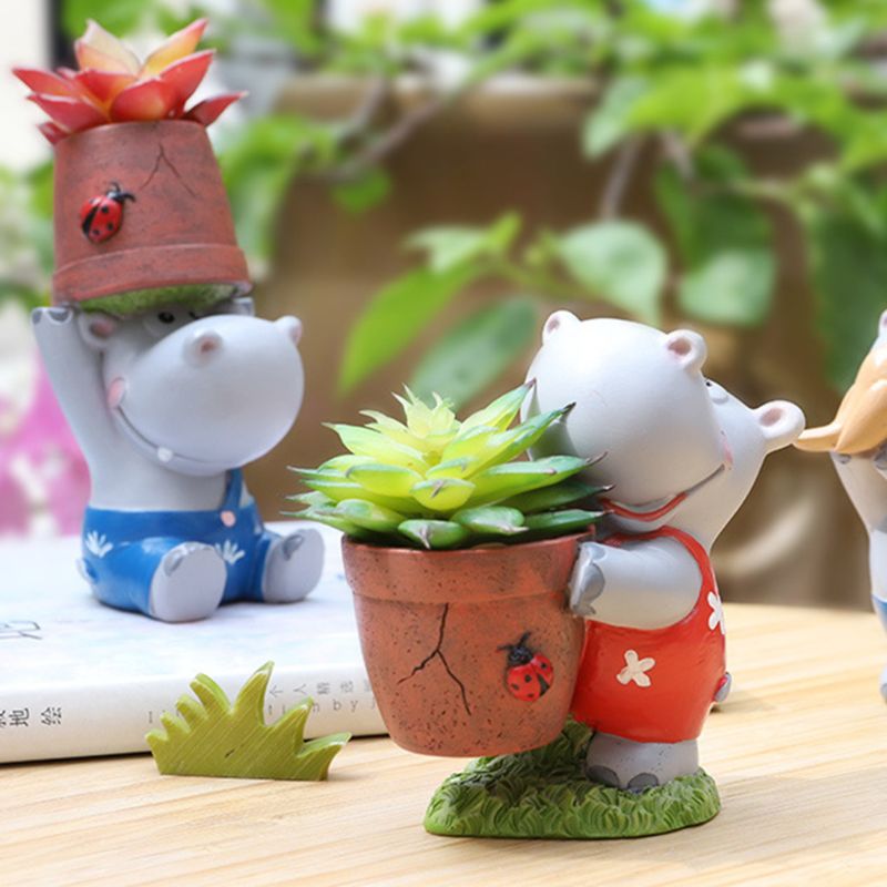 Pot de fleur en résine dessin animé Hippo, récipient charnu pour plantes, artisanat de bureau P31E