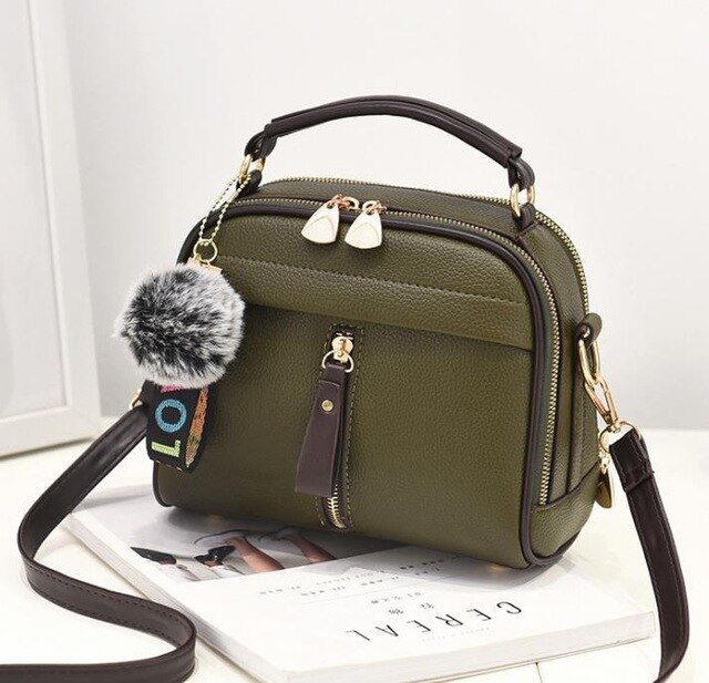 Yogodlns PU Leder Schulter Taschen für Frauen einfarbig feminina Haar Ball ornamente crossbody-tasche: armygreen