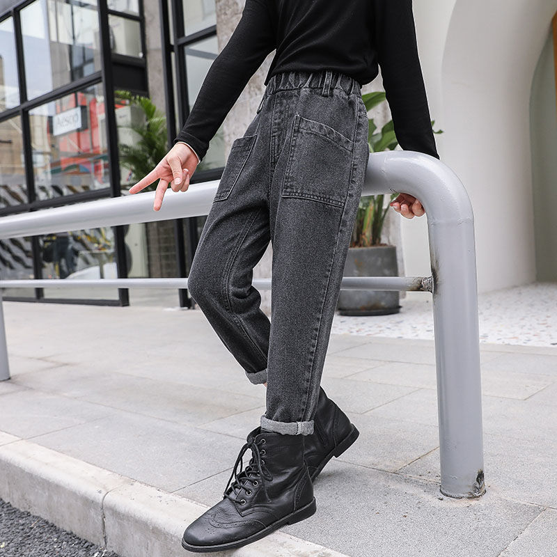 printemps automne bébé filles solide Jeans décontractés enfants à la pantalon ample taille élastique poches Patchwork pantalon Z30: black / 3T