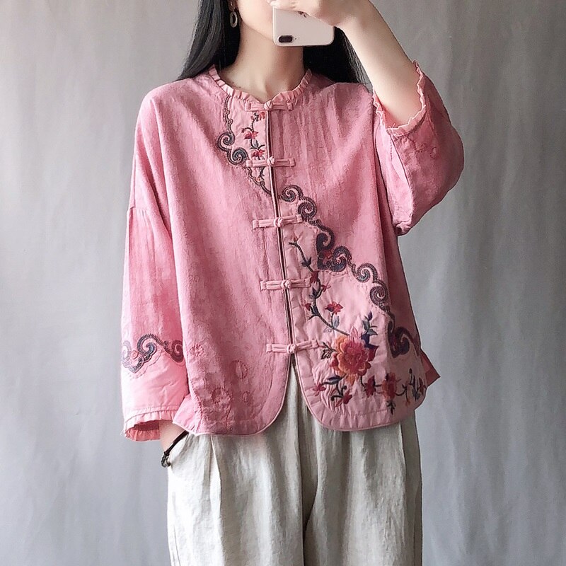 Ropa de estilo chino bordado Retro para mujer, traje Tang de té Zen chino, Tops Hanfu de lino y algodón para mujer KK3633: 4