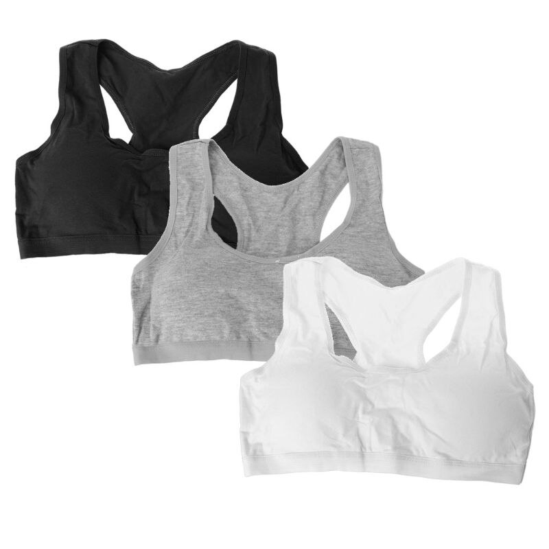 3pcs/set Kids Underwear Young Girls Rackbacks Cotton Solid Color Sports Training Bra for 8 9 10 11 12 13 14 years old: A