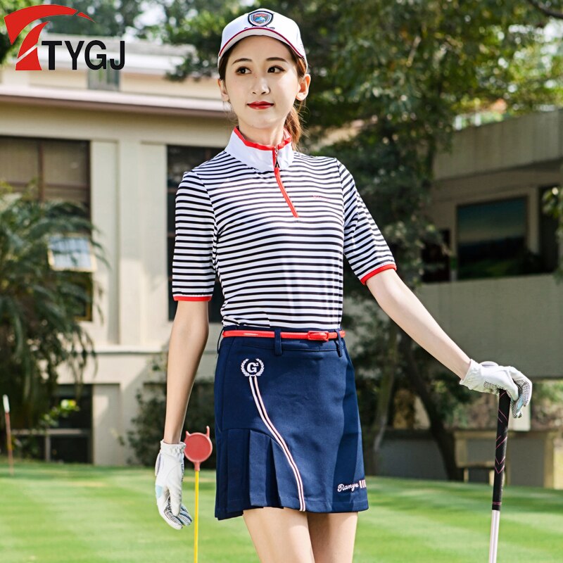 Women Striped Golf Shirt Summer Short Sleeve Breathable Tops Ladies Quick-dry Soft Golf T-shirts Golf Clothing D0803