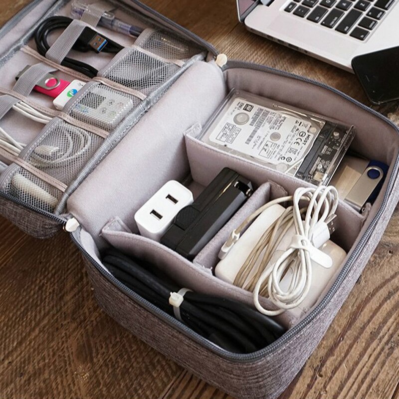 Bolsa de viagem portátil para aparelhos usb, bolsa para cosméticos e armazenamento de linha com carregador usb