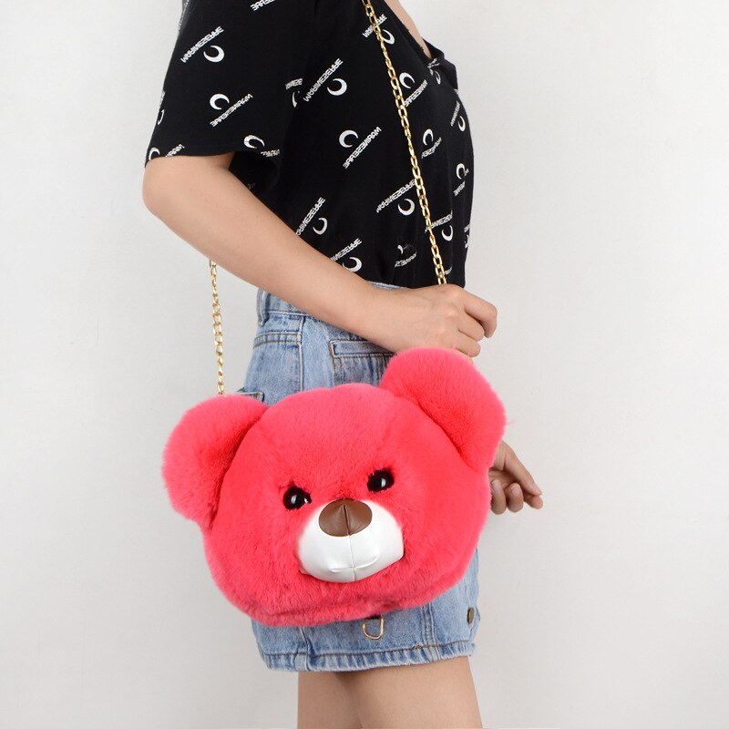 Women Plush Hairy Bag Female Cute Chain Shoulder Messenger Bag Girl Doll Cat Bear Head Bag