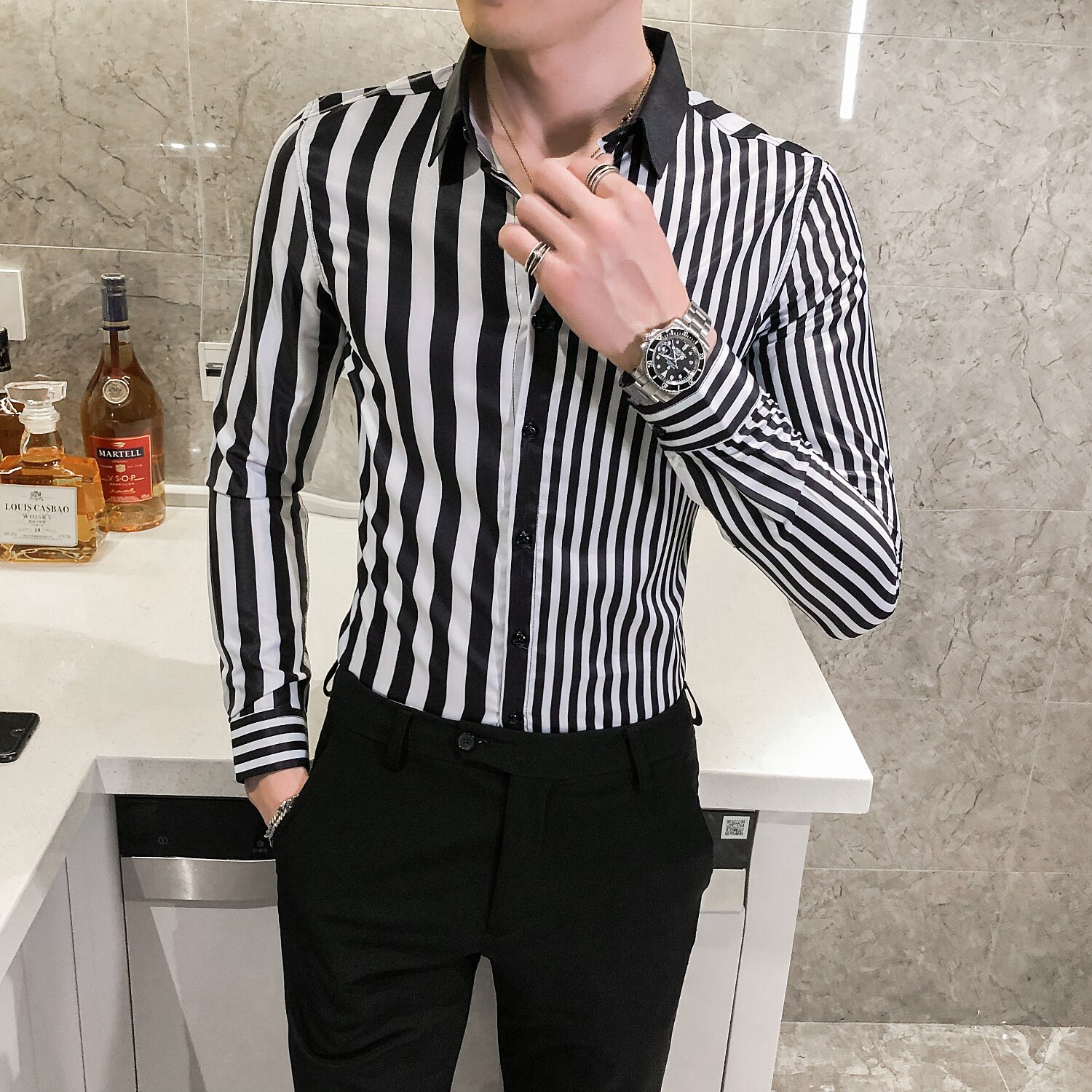Gestreepte overhemden heren zakelijk overhemd heren casual slim fit overhemden camisa social masculina lange mouwen streetwear: Koreaanse xxxl 72-77kg