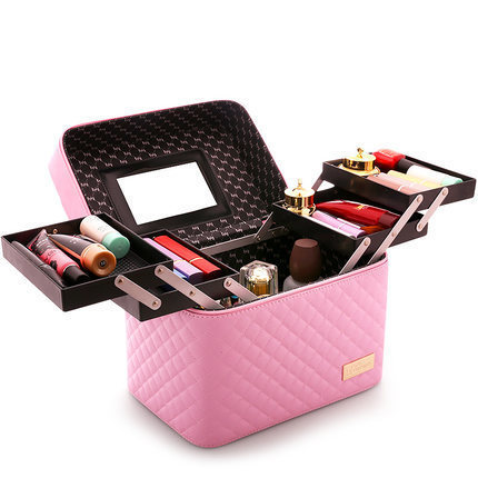Large Capacity Makeup Suitcase Women Multilayer Toiletry Cosmetic Bag Organizer Portable Beauty Case Storage Box: pink